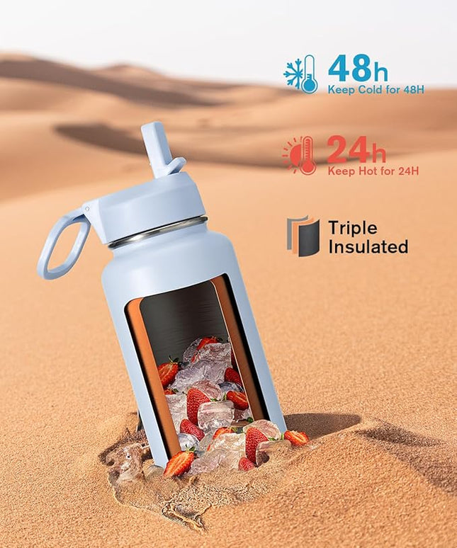 Water Bottle 32 oz Insulated with Straw, Coolflask Stainless Steel Metal 3 Lids Water Flask Wide Mouth for Sports or Office, Non-BPA Keep Cold Up to 48 Hrs or Hot Up to 24 Hrs, Light Blue