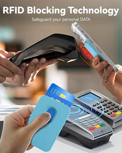 Magnetic Wallet Cell Phone Card Holder for Phone Case with Mag-Safe, Stronger Magnetic RFID Leather Phone Wallet Stick on Series of iPhone 17/16/15/14/13/12 and Pro/Promax, Light Blue