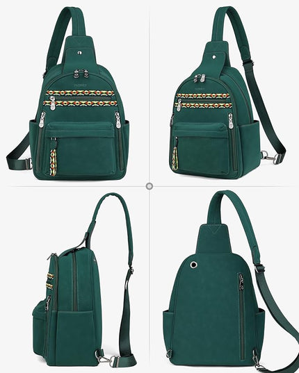 FADEON Large Sling Bag for Women, Leather Crossbody Purse Designer Anti Theft Sling Backpack, RFID Fanny Packs for Travel