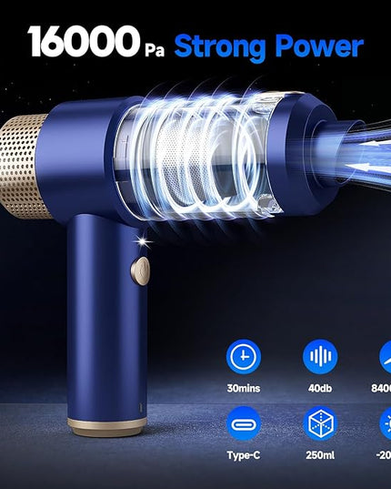 Car Vacuum Cleaner, 16000PA Mini Car Vacuum Cordless Powerful, 7 in 1 Portable Handheld Vacuum Cordless with LED Light, Dual Filters, One-Touch Empty for Pet Hair, Home, Office
