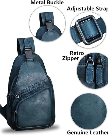 Genuine Leather Sling Bag Crossbody Purse Handmade Hiking Daypack Motorcycle Bag Retro Shoulder Backpack Vintage Chest Bag (NavyBlue)