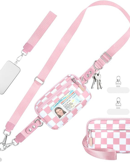 Clip and Go Strap for Phone with Wallet Crossbody Phone Lanyard and Detachable Checkered Bag with ID Window and RFID Pouch for Daily Travel.
