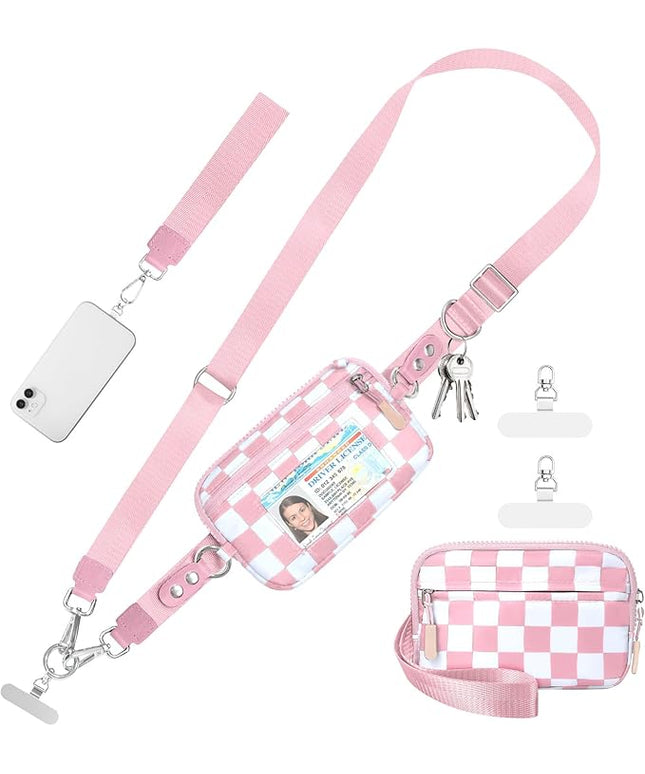 Clip and Go Strap for Phone with Wallet Crossbody Phone Lanyard and Detachable Checkered Bag with ID Window and RFID Pouch for Daily Travel.
