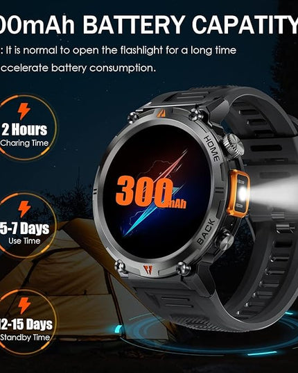 Military Smart Watch for Men with LED Flashlight 1.45” Rugged 3ATM Waterproof Smart Watch with 100+ Sports Modes Fitness Tracker with Heart Rate Sleep Monitor Tactical Smartwatch for iPhone Android