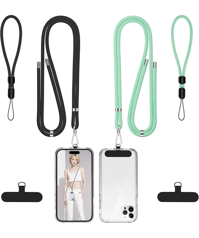 takyu Phone Lanyard, 2 Pack Adjustable Cell Phone Lanyard Crossbody Neck Strap & 2 Pack Phone Wrist Strap with Tether Tabs Compatible for iPhone Android Smartphones-Black Green