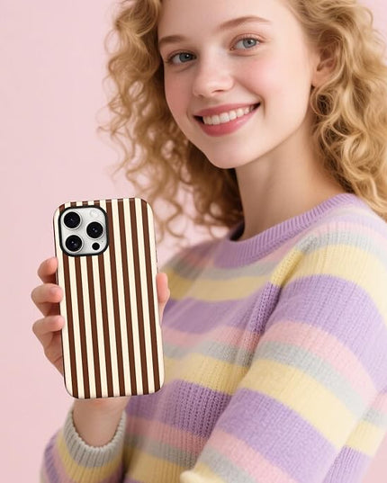 Magnetic for iPhone 14 Plus Case Cute Stripes Phone Case, Shockproof Slim TPU and Hard PC Protective Phone Cover Compatible with MagSafe Designed for Women Girls, Lake BlueBrown
