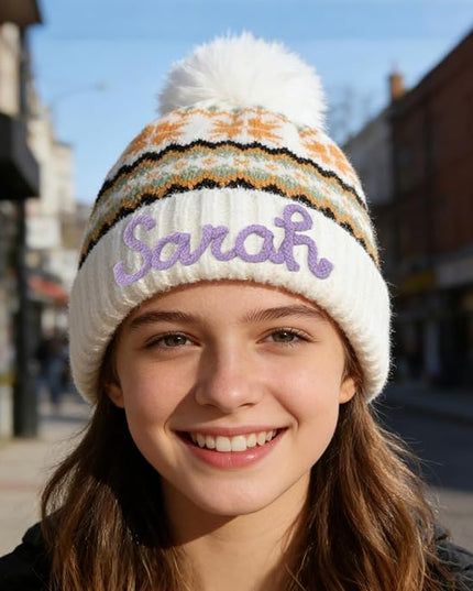 Personalized Beanie for Women Custom Knit with Name, Winter Hat with Pom Pom, Soft Lined Warm Hat, Birthday Gift