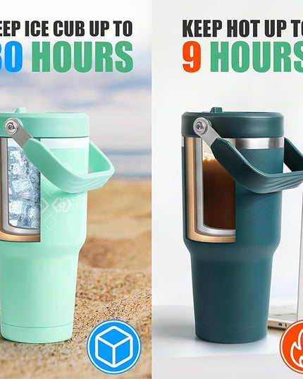 30 oz Tumbler with Handle, Vacuum Insulated Tumblers with Flip Straw and Top Handle, Reusable Insulated Cup for Home, Outdoors, Leakproof, Fits in Cup Holder, Cold for 30 Hours