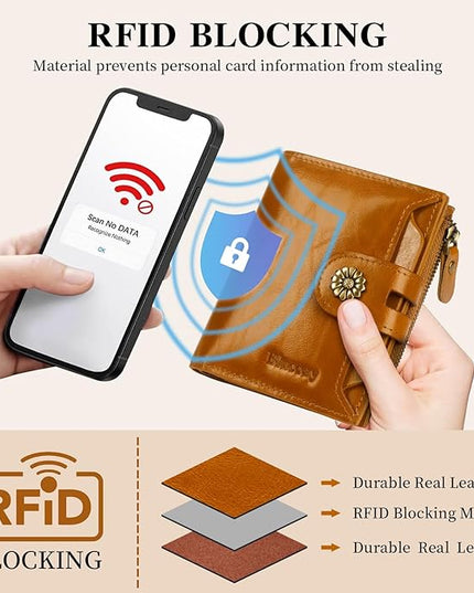 Blucoay Leather Wallet Women,RFID Blocking Womens Wallet Bifold Compact Card Holder Small Wallet for Women with Removable ID Window LightBrown