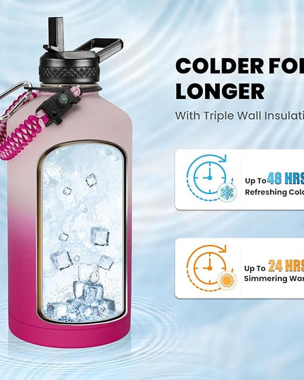 One Gallon Water Bottle Insulated, Triple Walled Vacuum Stainless Steel (Cold for 48 Hrs), Leak Proof & Non-BPA, Large Water Flask Jug with Paracord Handle & Straw Spout Lids