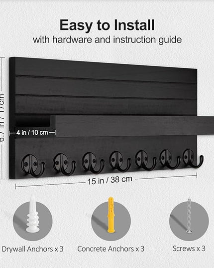 Lwenki Key Holder Wall Mount, Entryway Key and Mail Holder with 7 Sturdy Hooks for Sunglasses, Dog Leash, Decorative Wall Shelf with Mounting Hardware, 15”W x 6.7”H x 4.2”D