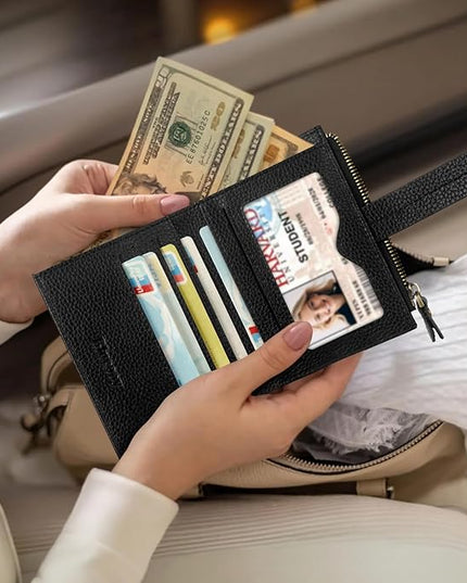 Blucoay Leather Wallet Women,RFID Blocking Small Wallet for Women Compact Card Holder Bifold Tassel Wallet Coin Purse With ID Window lzblack