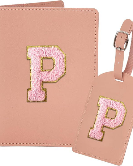 ULICO Initial Passport Cover and Luggage Tag Set,PU Leather Letter Passport Case Holder Travel Suitcase Tag, Personalized Travel Luggage Accessories Gifts for Women Kids Teenage Pink P