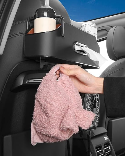 Car Seat Back Organizer - Stylish & Functional Storage for Family Adventures - Cup Holders, Tissue Box & Hooks - Perfect for Kids, Road Trips & Travel (Black)