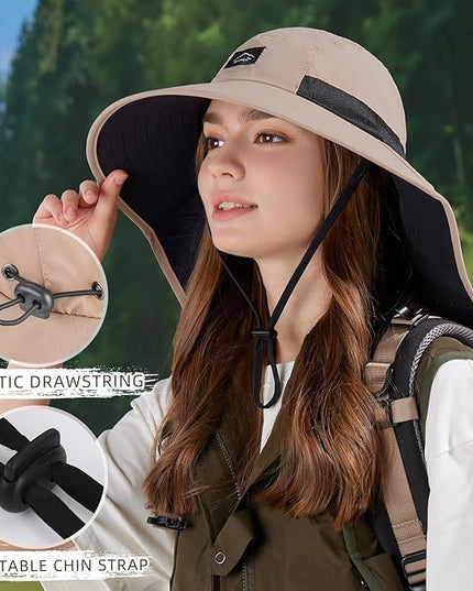 Rosoz Outdoor Sun Hat for Men Women, UPF50+ Protection Safari Cap Wide Brim Mesh Fishing Hat with Neck Flap Beach Garden