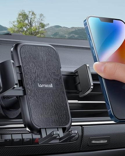 Lamicall 2026 Wider Clamp & Metal Hook Car Phone Holder Vent [Thick Cases Friendly] Phone Holders for Your Car Mount Automobile Hands Free Cradle Air Vent for iPhone 17 16 15 Pro Max Wood Grain