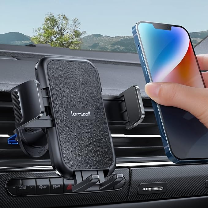 Lamicall 2026 Wider Clamp & Metal Hook Car Phone Holder Vent [Thick Cases Friendly] Phone Holders for Your Car Mount Automobile Hands Free Cradle Air Vent for iPhone 17 16 15 Pro Max Wood Grain