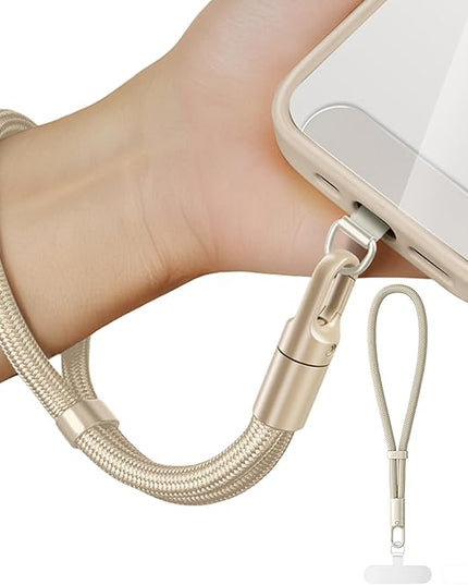 Minimalist Wrist Strap Phone Lanyard with Adjustable Drop-Proof Design, 7mm Reinforced Climbing Rope Material, 2 Phone Tether Tabs (Matching Metal and Rotatable Clear) - Ecru Beige