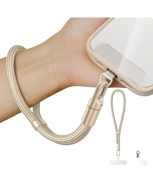 Minimalist Wrist Strap Phone Lanyard with Adjustable Drop-Proof Design, 7mm Reinforced Climbing Rope Material, 2 Phone Tether Tabs (Matching Metal and Rotatable Clear) - Ecru Beige