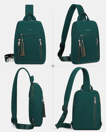 FADEON Sling Bag for Women, Crossbody Backpack with Tassels, Designer Leather Shoulder Chest Bags for Travel