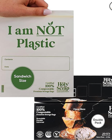 100% Compostable Food Storage Bags SANDWICH Size - 100 Pack - Resealable Extra Strength Zip Seal Bags Made from Plants, Eco Friendly, Freezer Safe - BPI Certified, OK Compost Home