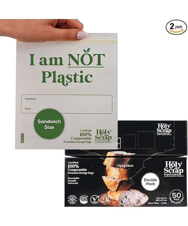 100% Compostable Food Storage Bags SANDWICH Size - 100 Pack - Resealable Extra Strength Zip Seal Bags Made from Plants, Eco Friendly, Freezer Safe - BPI Certified, OK Compost Home
