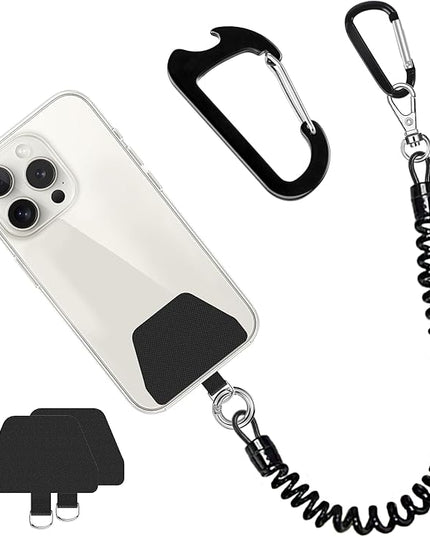 Doormoon Phone Lanyard Tether with Patch*2, Carabiner*1, Bottle Opener Carabiner*1, Stretchy iPhone Lanyard Anti Theft Phone Strap for Anti-Drop Outdoor Compatible for iPhone Most Smartphones, Black