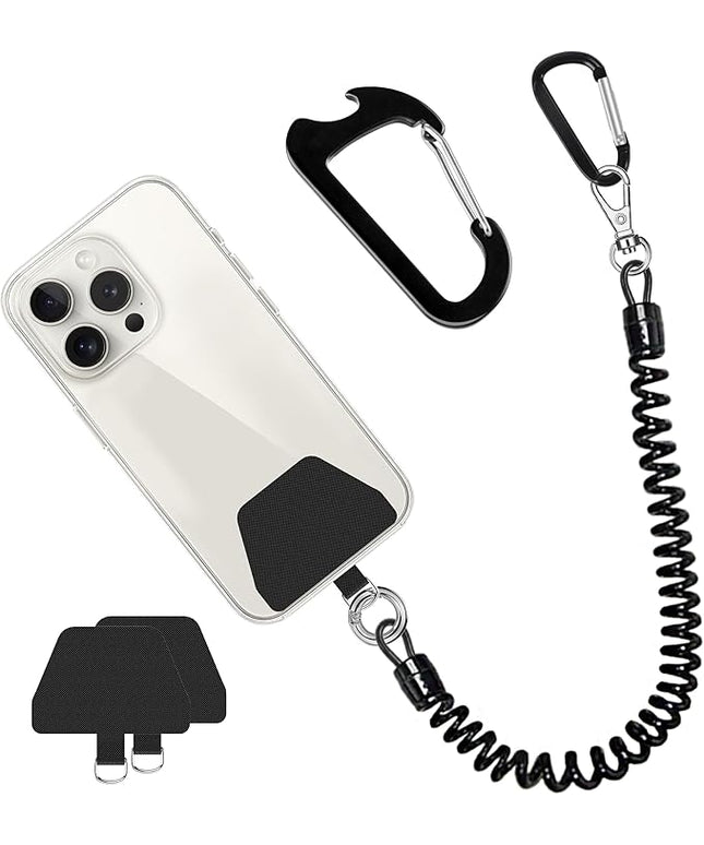 Doormoon Phone Lanyard Tether with Patch*2, Carabiner*1, Bottle Opener Carabiner*1, Stretchy iPhone Lanyard Anti Theft Phone Strap for Anti-Drop Outdoor Compatible for iPhone Most Smartphones, Black