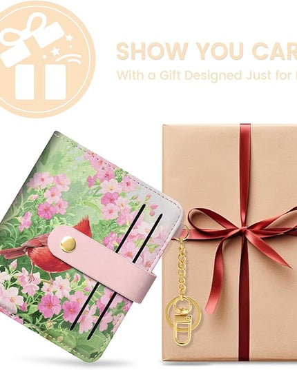 Sodsay Small Slim Wallet Women RFID Blocking, PU Leather Bifold Ladies Wallet with Zipper Coin Pocket, Thin Cute Travel Card Wallets for Girls, Pink Feathered Blossom