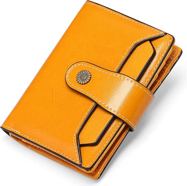 Falan Mule Women's Wallet, Genuine Leather, Bifold, RFID Blocking, Antique Yellow, 10 Slots, 2 Windows, 1 Zipper Pocket, 2 Compartments