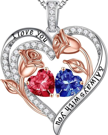 Iefil Christmas Gifts for Women Wife - 925 Sterling Silver Rose Heart Birthstone Necklace Birthday Anniversary Jewelry Gifts for Her Wife Mom Daughter