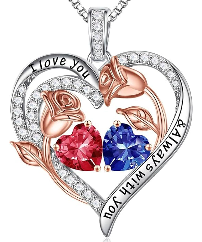 Iefil Christmas Gifts for Women Wife - 925 Sterling Silver Rose Heart Birthstone Necklace Birthday Anniversary Jewelry Gifts for Her Wife Mom Daughter