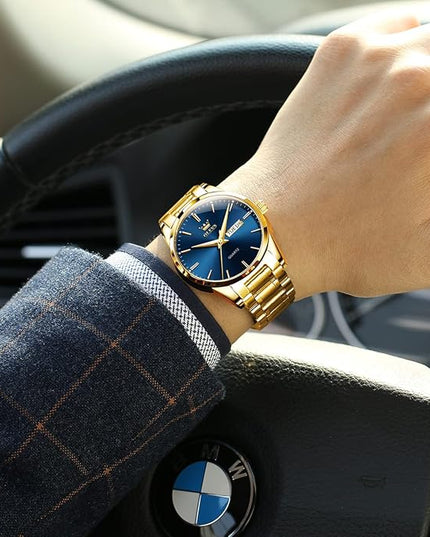 OLEVS Men's Luxury Watch Waterproof Luminous Easy Read Chronograph Watches Full Gold/White Dail/Black Face with Calendar Wristwatch
