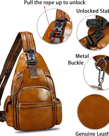 Genuine Leather Sling Bag for Men and Women Handmade Sling Backpack Purse Chest Over Shoulder Crossbody Bag Large Capacity (Brown)