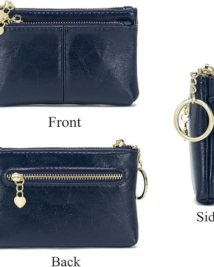 ZOOEASS Women PU Leather Zip Mini Coin Purse With Key Ring Triple Zipper Card Holder Wallet (Navy)
