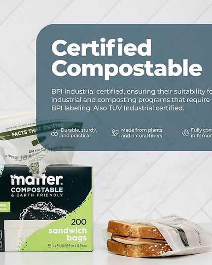 Matter Compostable Sandwich Bags for Food Storage, Eco-Friendly, Resealable, 200 Count
