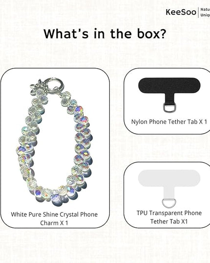 White Pure Shine Crystal Original Design Phone Charm with 2 Tether Tabs – Stylish, Durable, and Hands-Free Phone Chain – Compatible with iPhone, Samsung, Pixel & More