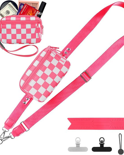 Clip and Go Strap for Phone with Wallet Crossbody, Adjustable Phone Lanyard with Detachable RFID Wristlet Wallet, Phone Strap with Phone Tabs for All Phones, Pink Checkered (M)