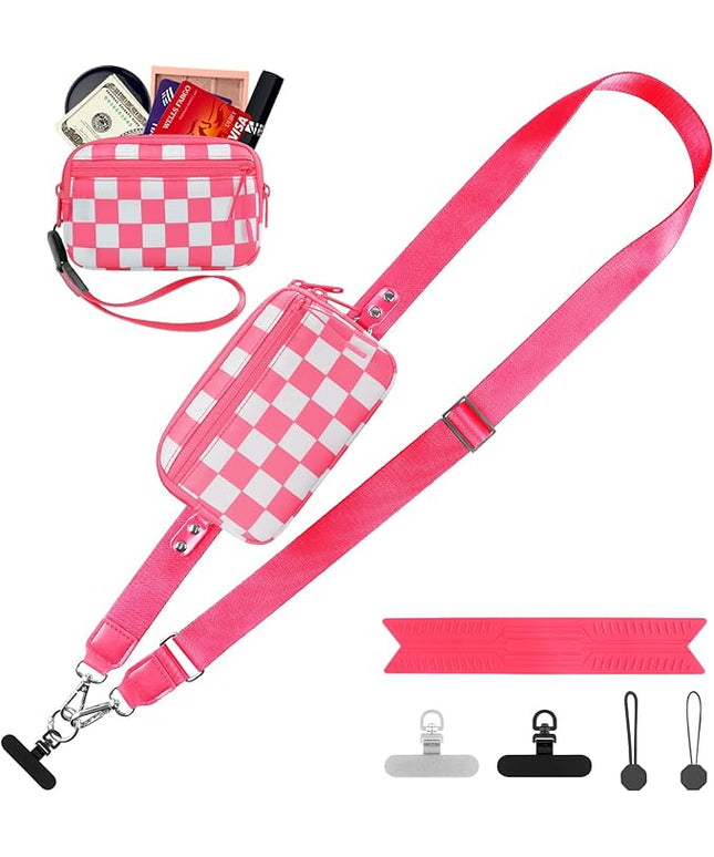Clip and Go Strap for Phone with Wallet Crossbody, Adjustable Phone Lanyard with Detachable RFID Wristlet Wallet, Phone Strap with Phone Tabs for All Phones, Pink Checkered (M)