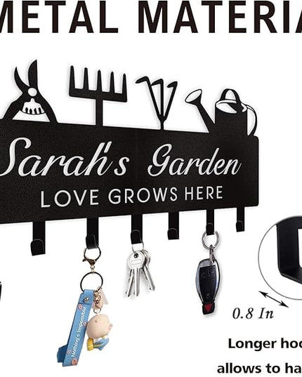 Dyoart Personalized Key Holder for Wall, Custom Name Wall Mounted Black Key Hanger with Horticultural Garden Design, Key Racks Organizer for Hallway Entryway Front Door Storeroom Decor