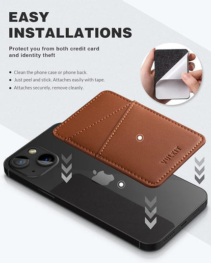 VULKIT Phone Card Holder Wallet Leather Adhesive Pocket RFID Blocking Credit Card Sleeves Stick Back of Phone Smartphones Brown