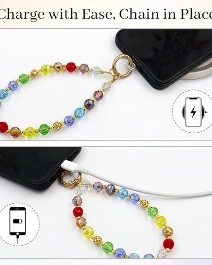 Phone Charm for Women, Anti-Theft Phone Wrist Strap Hands-Free, Crystal Beaded Chain, Detachable Cellphone Lanyard with Tether Tab