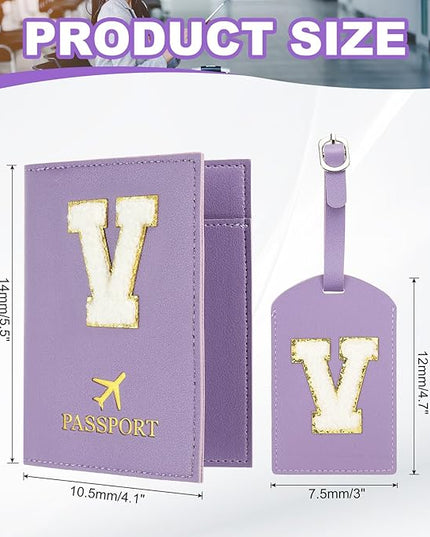 PATIKIL Passport Holder for Travel, Initial Passport Cover and Luggage Tag Set with Alphabet Chenille Letter Patch Travel Wallet Bag Suitcase Identifier for Women Family Travel Purple V