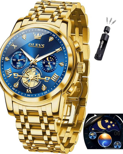 OLEVS Mens Watches Chronograph Watch Luxury Dress Stainless Steel Waterproof Watches for Men Moon Phase Luminous Business Calendar Wrist Watch Blue/Black/Green/Gold/Face
