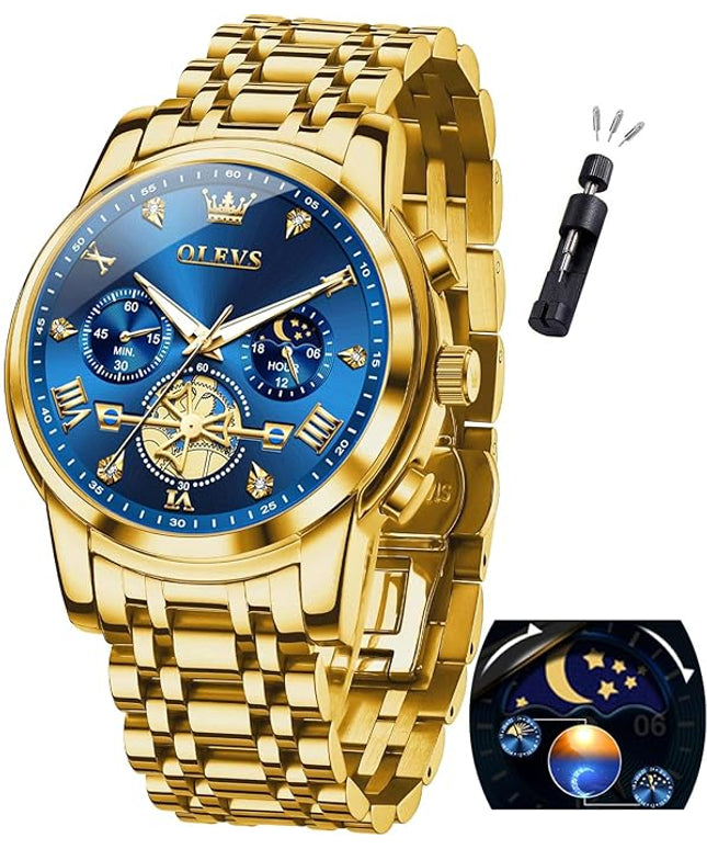OLEVS Mens Watches Chronograph Watch Luxury Dress Stainless Steel Waterproof Watches for Men Moon Phase Luminous Business Calendar Wrist Watch Blue/Black/Green/Gold/Face
