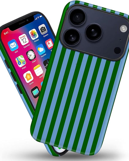 Magnetic for iPhone 17 Pro Max Case Cute Stripes Phone Case, Shockproof Slim TPU and Hard PC Protective Phone Cover Compatible with MagSafe Designed for Women Girls, Green and Blue