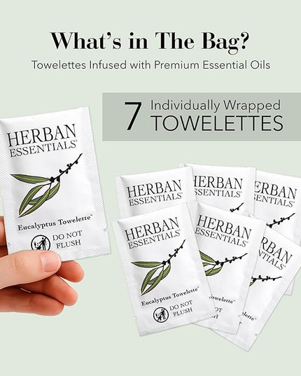 Herban Essentials - Eucalyptus Wipes & Towelettes - Essential Oil Wipes for Hands & Body - Travel Size Essentials and Toiletries - Natural, Individually Wrapped, Disposable & Moist Refresh (7 count)