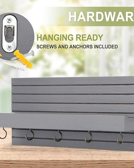 Lwenki Decorative Key Holder for Wall with Shelf, Entryway Shelf with Hooks Holds Leashes, Jackets and Glasses – Sturdy Wood Keyholder Entrance Hanger with Mounting Hardware (Gray, Medium)