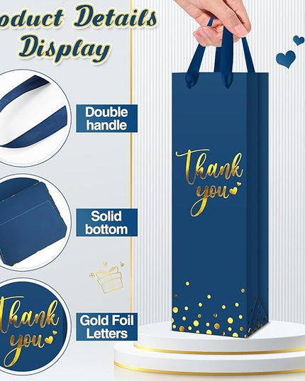 Ctosree 30 Pcs Wine Bottle Gift Bag with Handle 4.3x3.5x13.7 Liquor Paper Bag for Thank You Favor Gold Foil Kraft Whiskey Tote Carrier for Wedding Birthday Bridal Valentine's day Party(Business Blue)