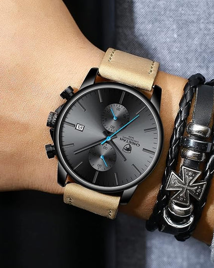GOLDEN HOUR Mens Watch Fashion Sleek Minimalist Quartz Analog Mesh Stainless Steel Waterproof Chronograph Watches for Men with Auto Date